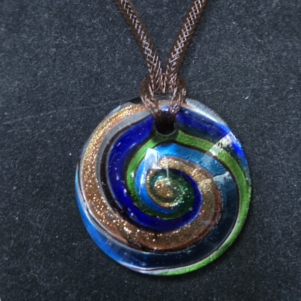 Hand blown glass Vibrant Spiral Pendant Necklace in Blue Green & Gold - Picture 4 of 5